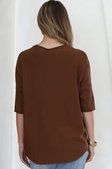 Allegra Knit Top - Crew Neck Curved Hem Box Silhouette Top in Chocolate