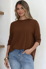 Allegra Knit Top - Crew Neck Curved Hem Box Silhouette Top in Chocolate