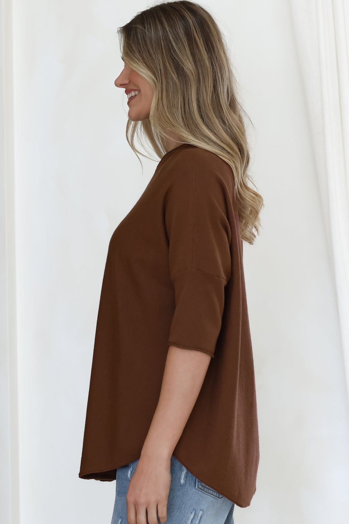 Allegra Knit Top - Crew Neck Curved Hem Box Silhouette Top in Chocolate