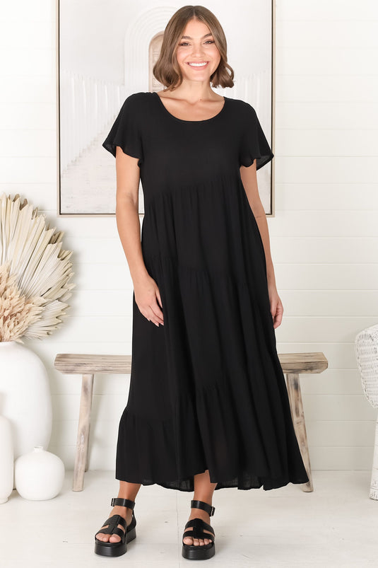 Allegra Midi Dress - Relaxed Asymmetric Tiered Linen Smock Dress in Black