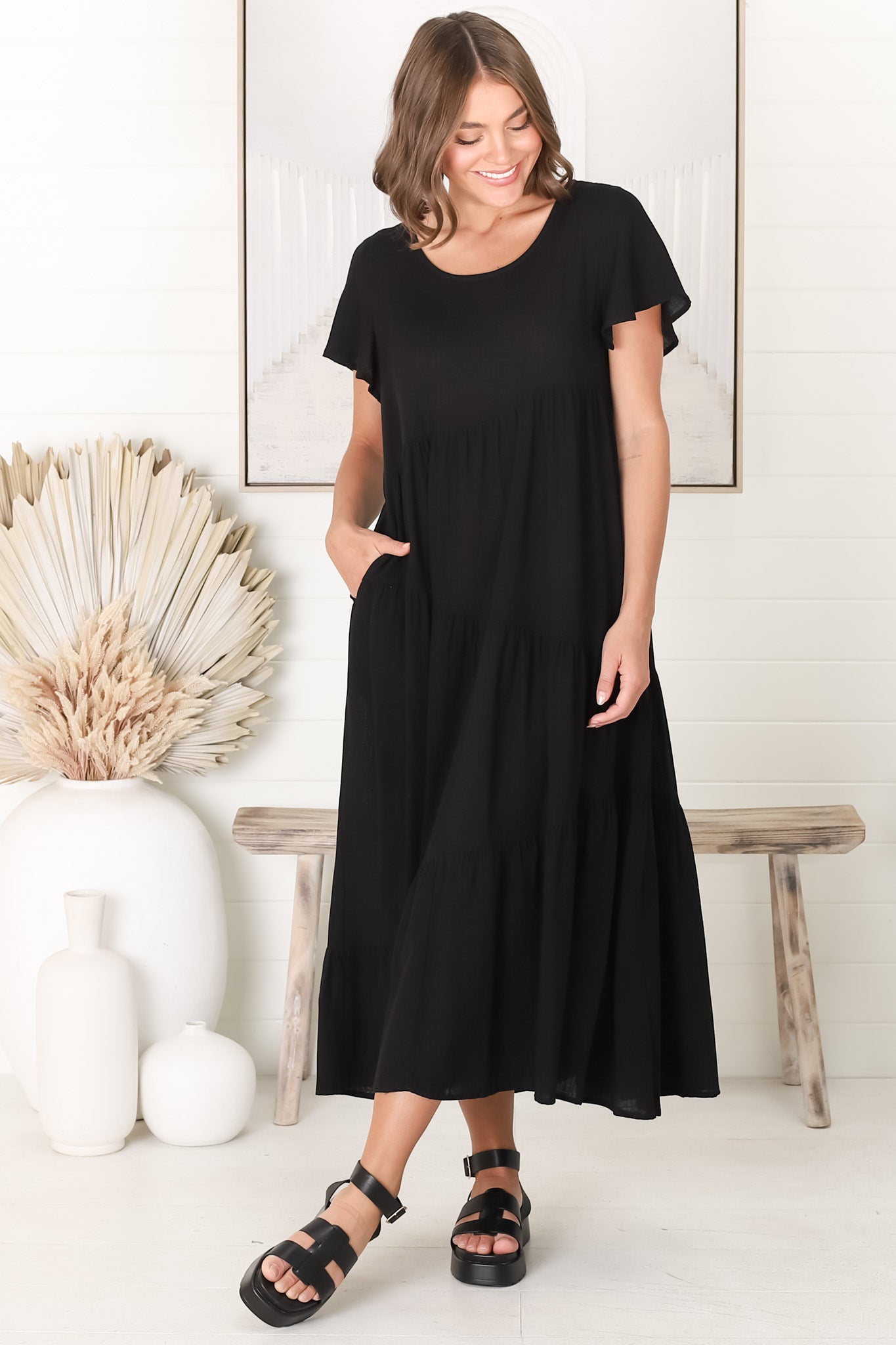 Allegra Midi Dress - Relaxed Asymmetric Tiered Linen Smock Dress in Black