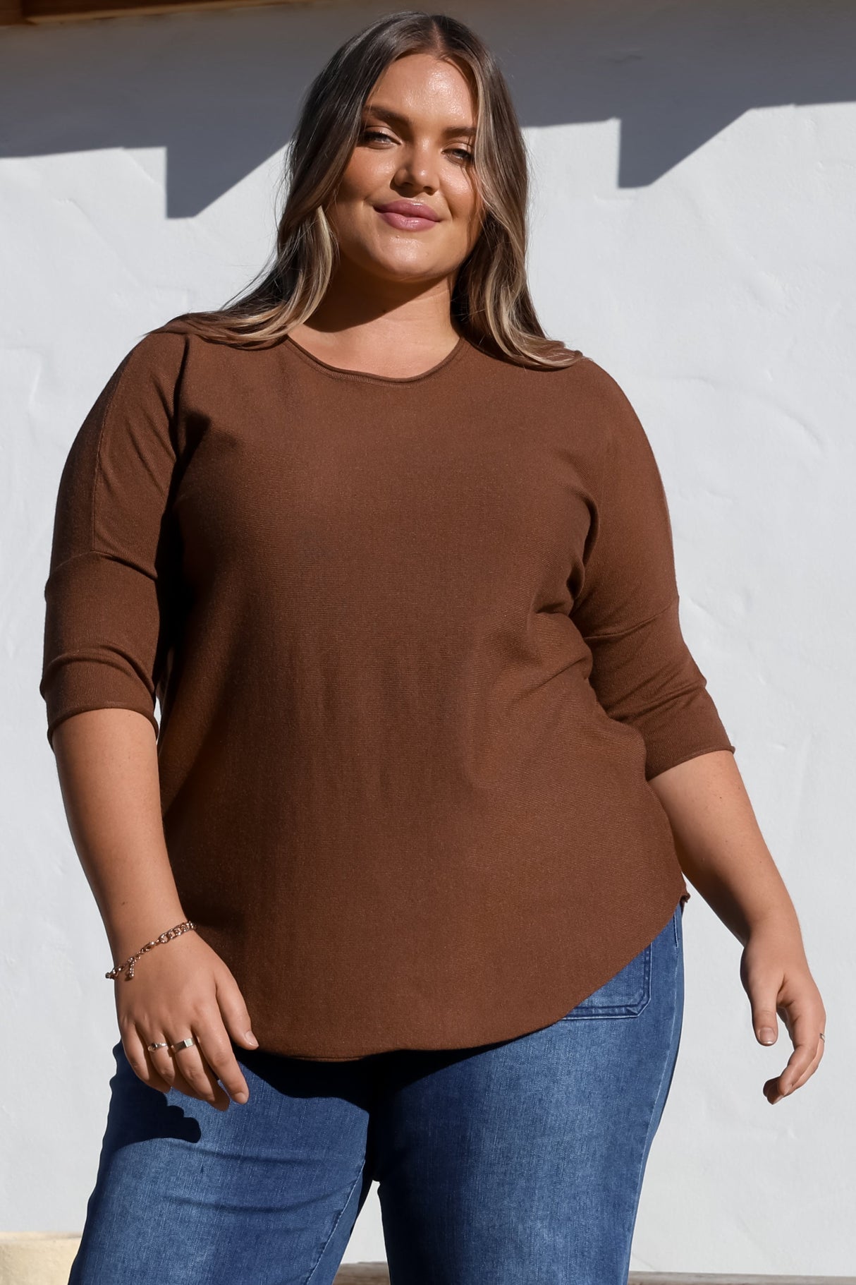 Allegra Knit Top - Crew Neck Curved Hem Box Silhouette Top in Chocolate