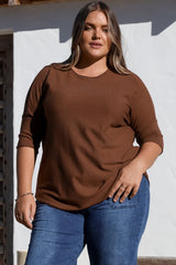 Allegra Knit Top - Crew Neck Curved Hem Box Silhouette Top in Chocolate