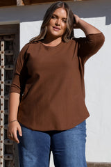 Allegra Knit Top - Crew Neck Curved Hem Box Silhouette Top in Chocolate