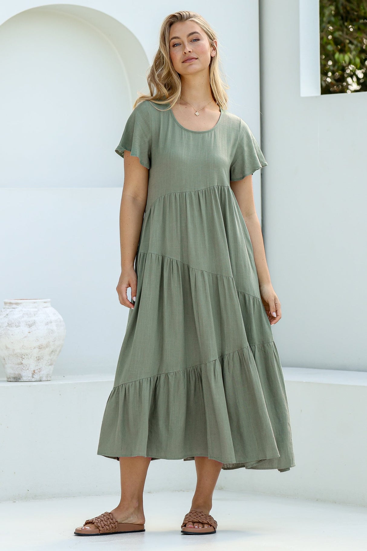 Allegra Midi Dress - Relaxed Asymmetric Tiered Linen Smock Dress in Khaki