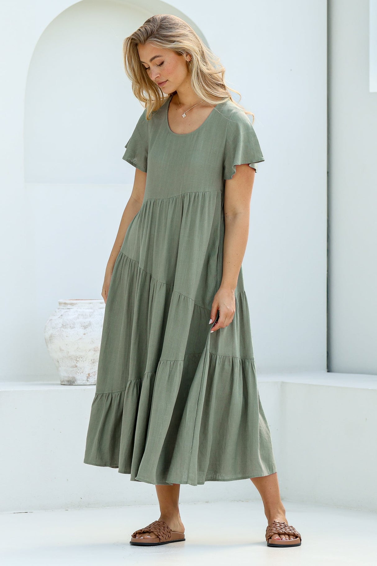 Allegra Midi Dress - Relaxed Asymmetric Tiered Linen Smock Dress in Khaki