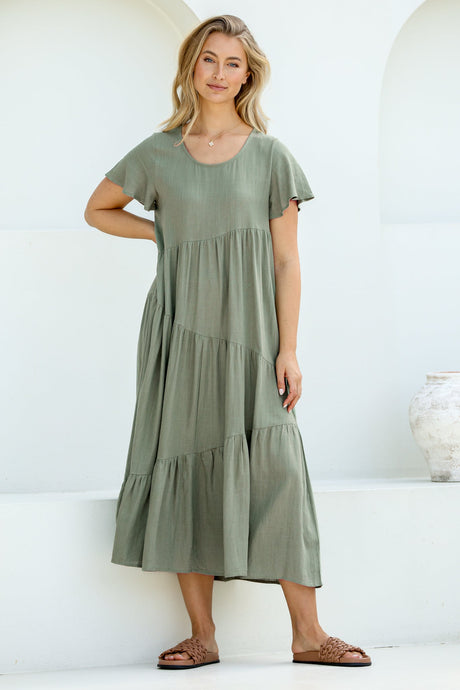 Allegra Midi Dress - Relaxed Asymmetric Tiered Linen Smock Dress in Khaki