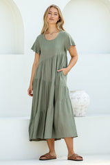 Allegra Midi Dress - Relaxed Asymmetric Tiered Linen Smock Dress in Khaki