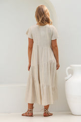 Allegra Midi Dress - Relaxed Asymmetric Tiered Linen Smock Dress in Oat