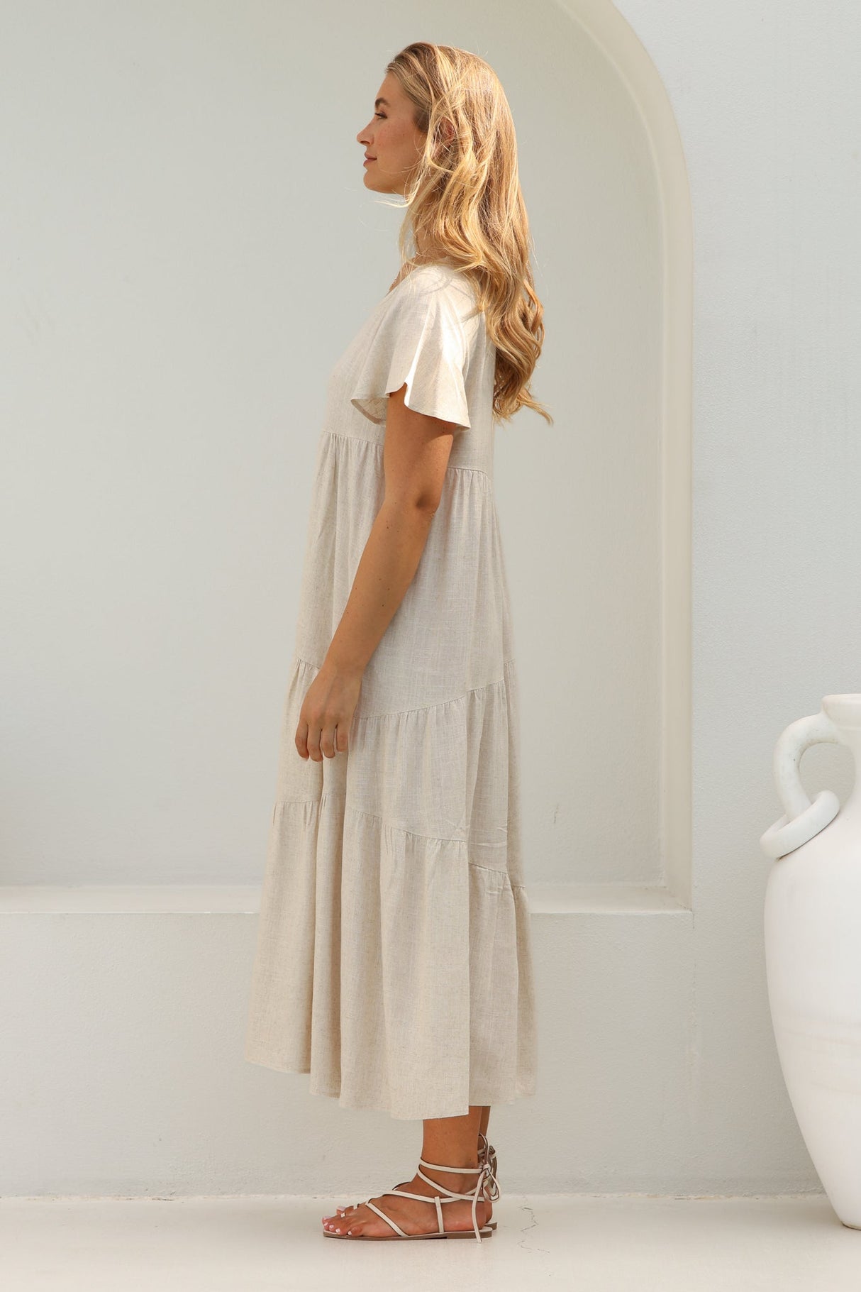 Allegra Midi Dress - Relaxed Asymmetric Tiered Linen Smock Dress in Oat