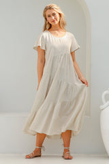 Allegra Midi Dress - Relaxed Asymmetric Tiered Linen Smock Dress in Oat