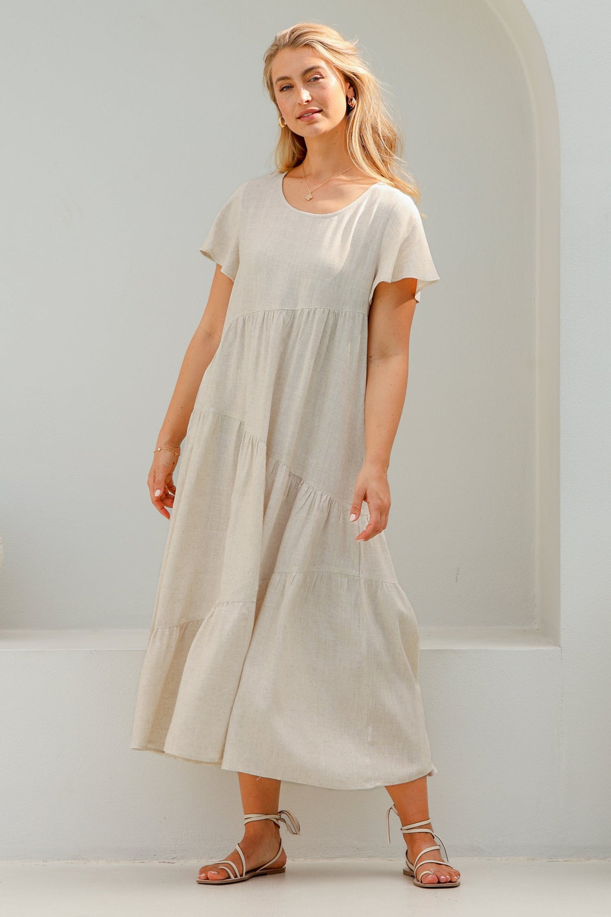 Allegra Midi Dress - Relaxed Asymmetric Tiered Linen Smock Dress in Oat