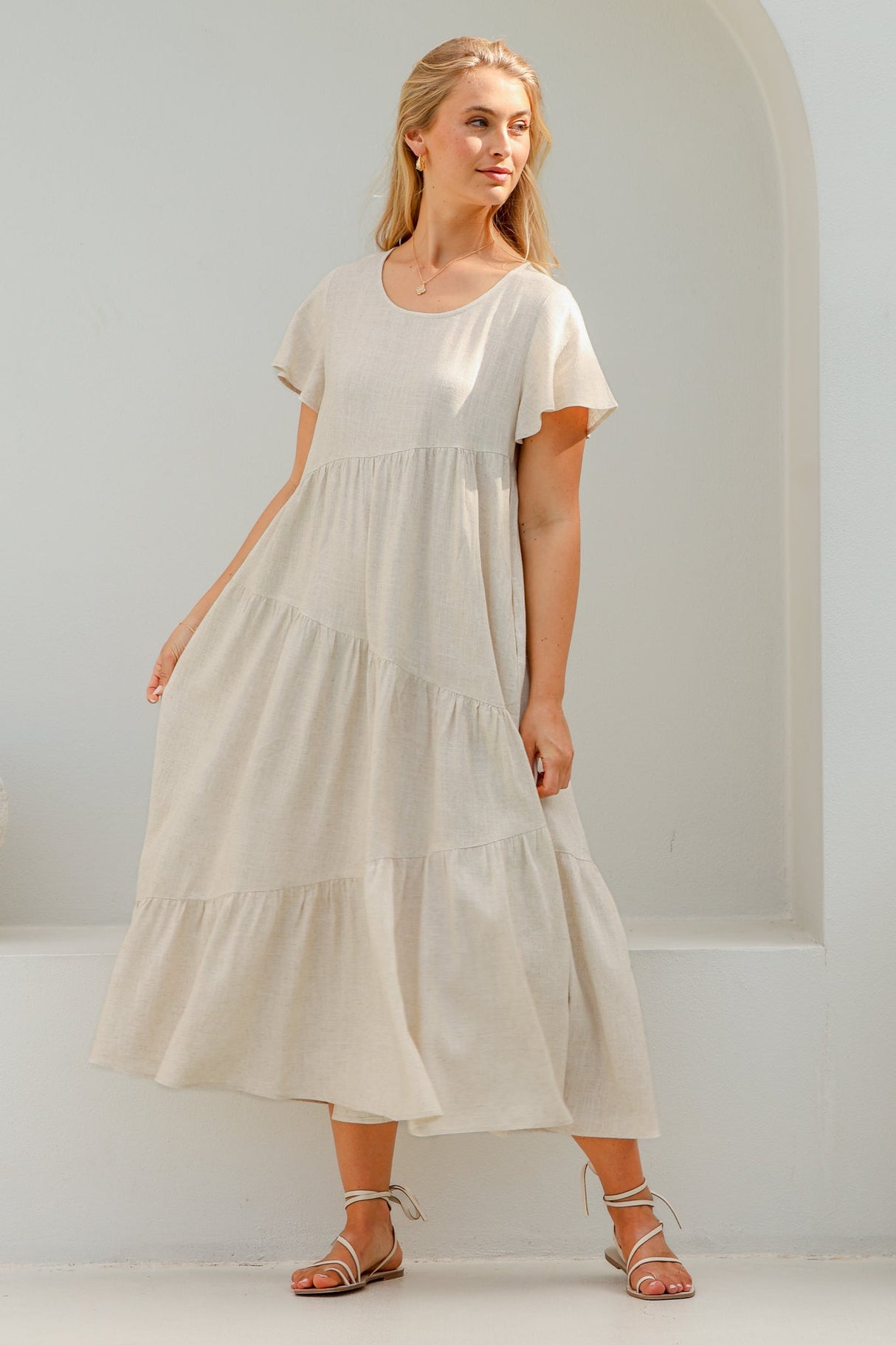 Allegra Midi Dress - Relaxed Asymmetric Tiered Linen Smock Dress in Oat