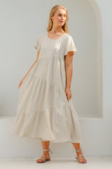 Allegra Midi Dress - Relaxed Asymmetric Tiered Linen Smock Dress in Oat