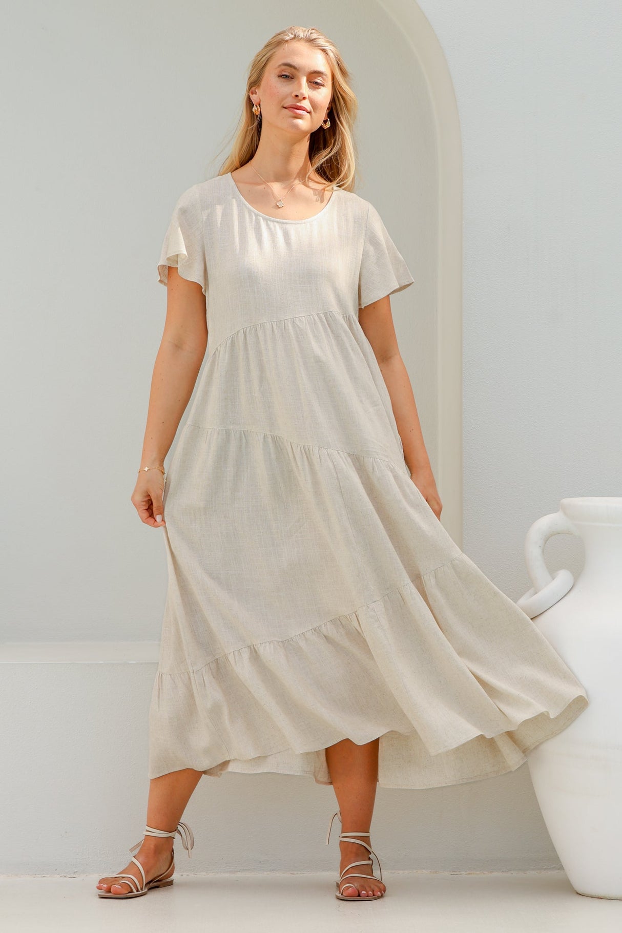 Allegra Midi Dress - Relaxed Asymmetric Tiered Linen Smock Dress in Oat