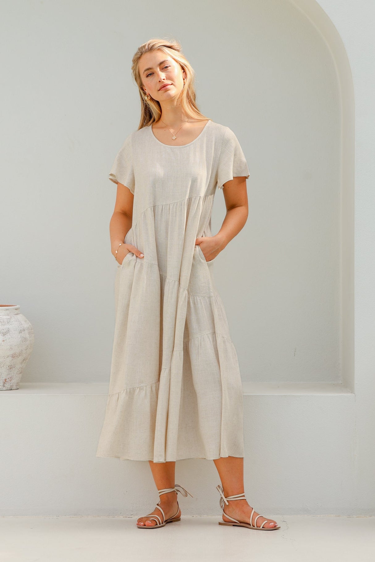 Allegra Midi Dress - Relaxed Asymmetric Tiered Linen Smock Dress in Oat