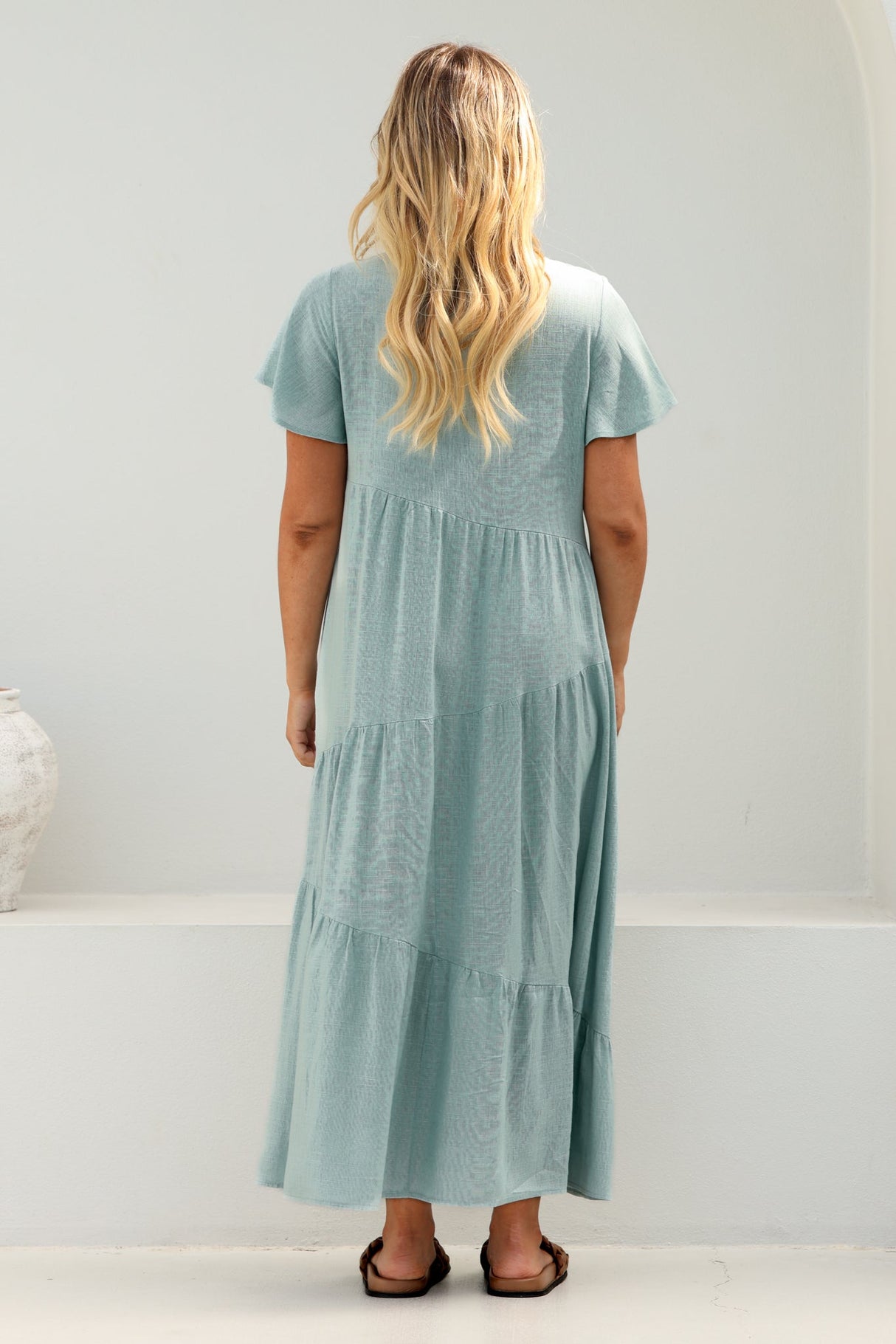 Allegra Midi Dress - Relaxed Asymmetric Tiered Linen Smock Dress in Sky Blue