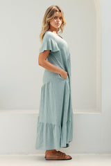 Allegra Midi Dress - Relaxed Asymmetric Tiered Linen Smock Dress in Sky Blue