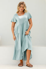 Allegra Midi Dress - Relaxed Asymmetric Tiered Linen Smock Dress in Sky Blue