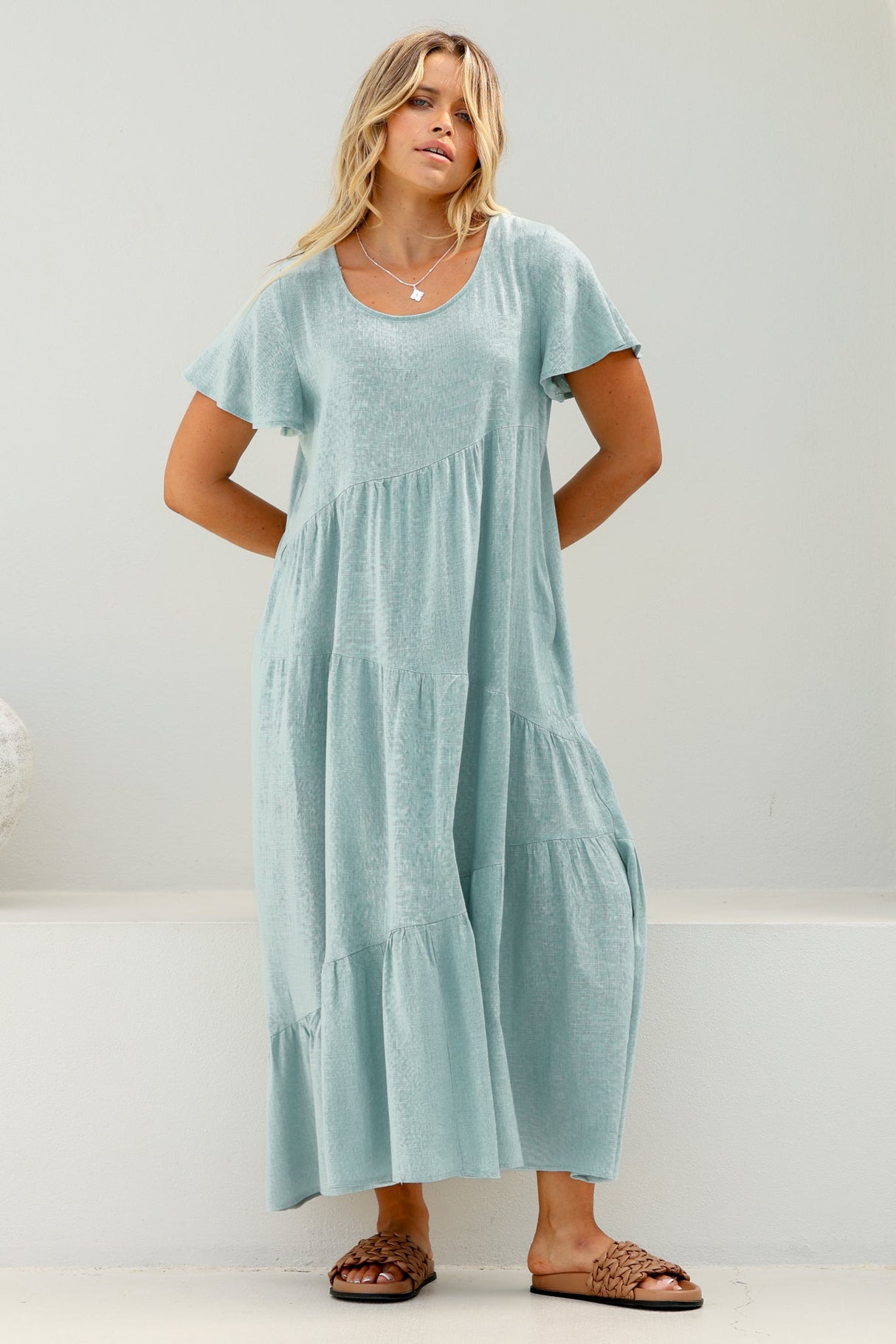 Allegra Midi Dress - Relaxed Asymmetric Tiered Linen Smock Dress in Sky Blue