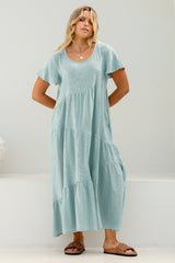 Allegra Midi Dress - Relaxed Asymmetric Tiered Linen Smock Dress in Sky Blue