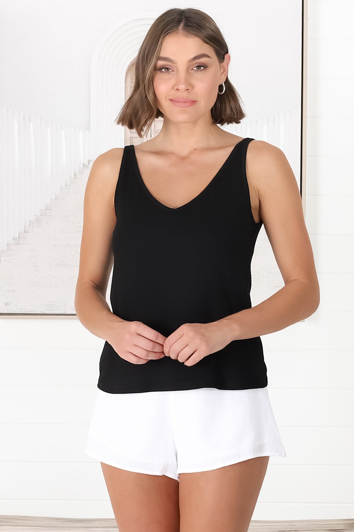 Ally Tank Top - V Neck Relaxed Tank Top in Black