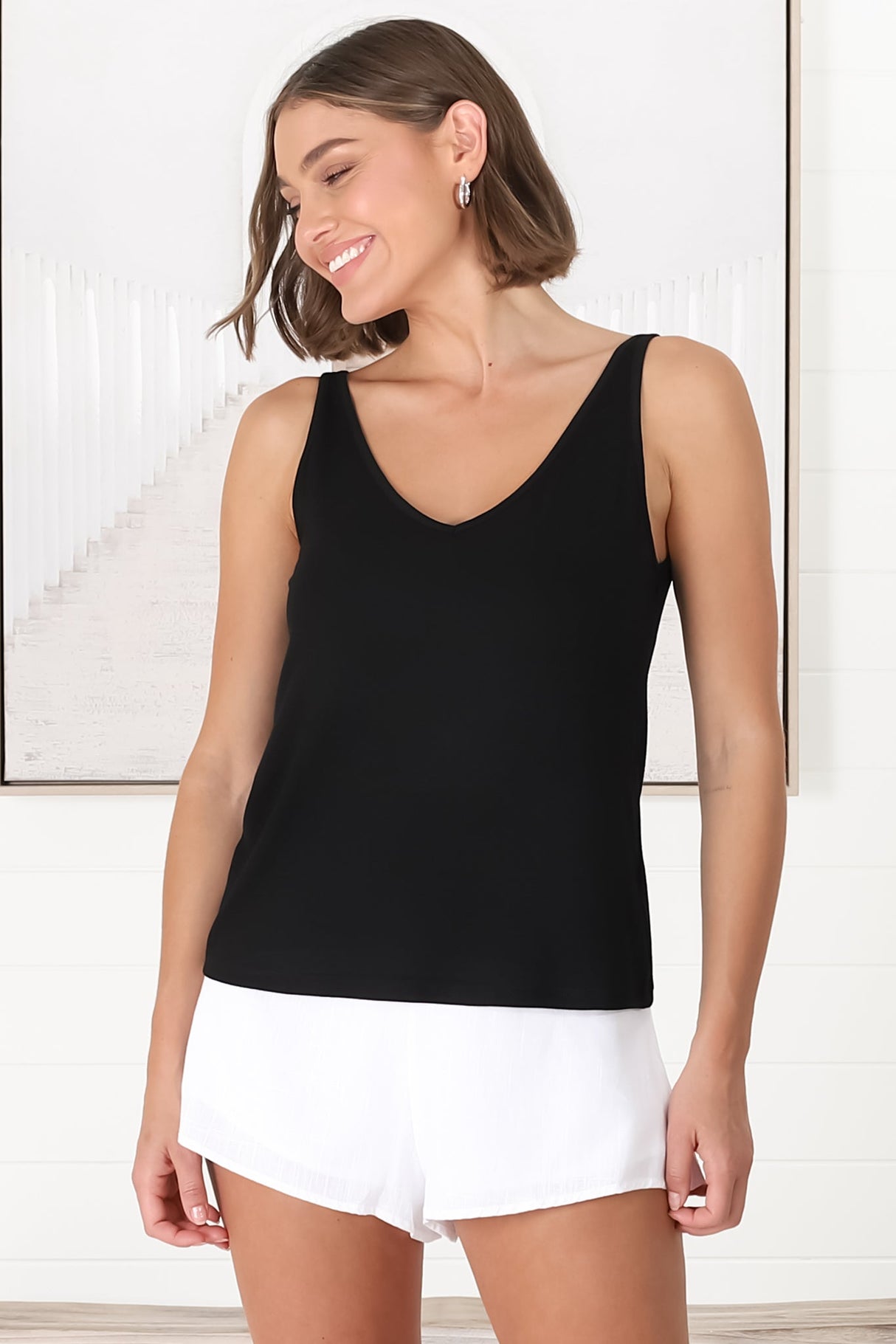 Ally Tank Top - V Neck Relaxed Tank Top in Black