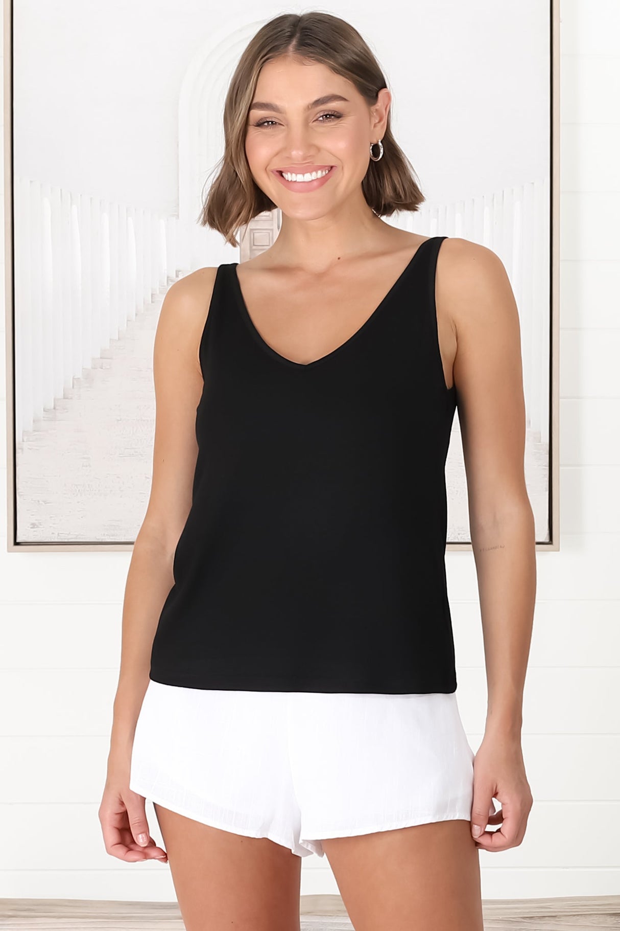 Ally Tank Top - V Neck Relaxed Tank Top in Black