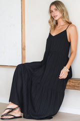 Alora Midi Dress - Textured V Neck Tiered Dress with Adjustable Straps in in Black