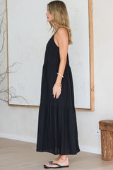 Alora Midi Dress - Textured V Neck Tiered Dress with Adjustable Straps in in Black