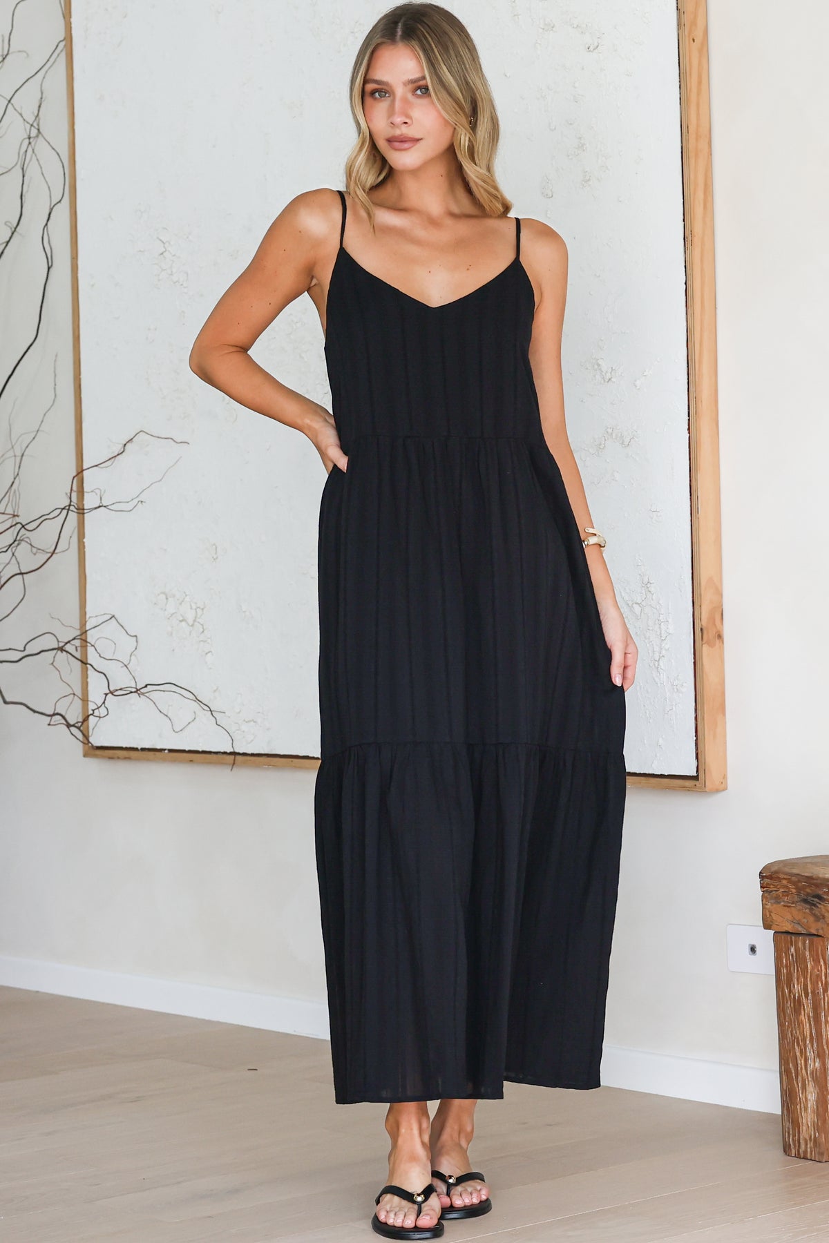 Alora Midi Dress - Textured V Neck Tiered Dress with Adjustable Straps in in Black