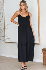 Alora Midi Dress - Textured V Neck Tiered Dress with Adjustable Straps in in Black