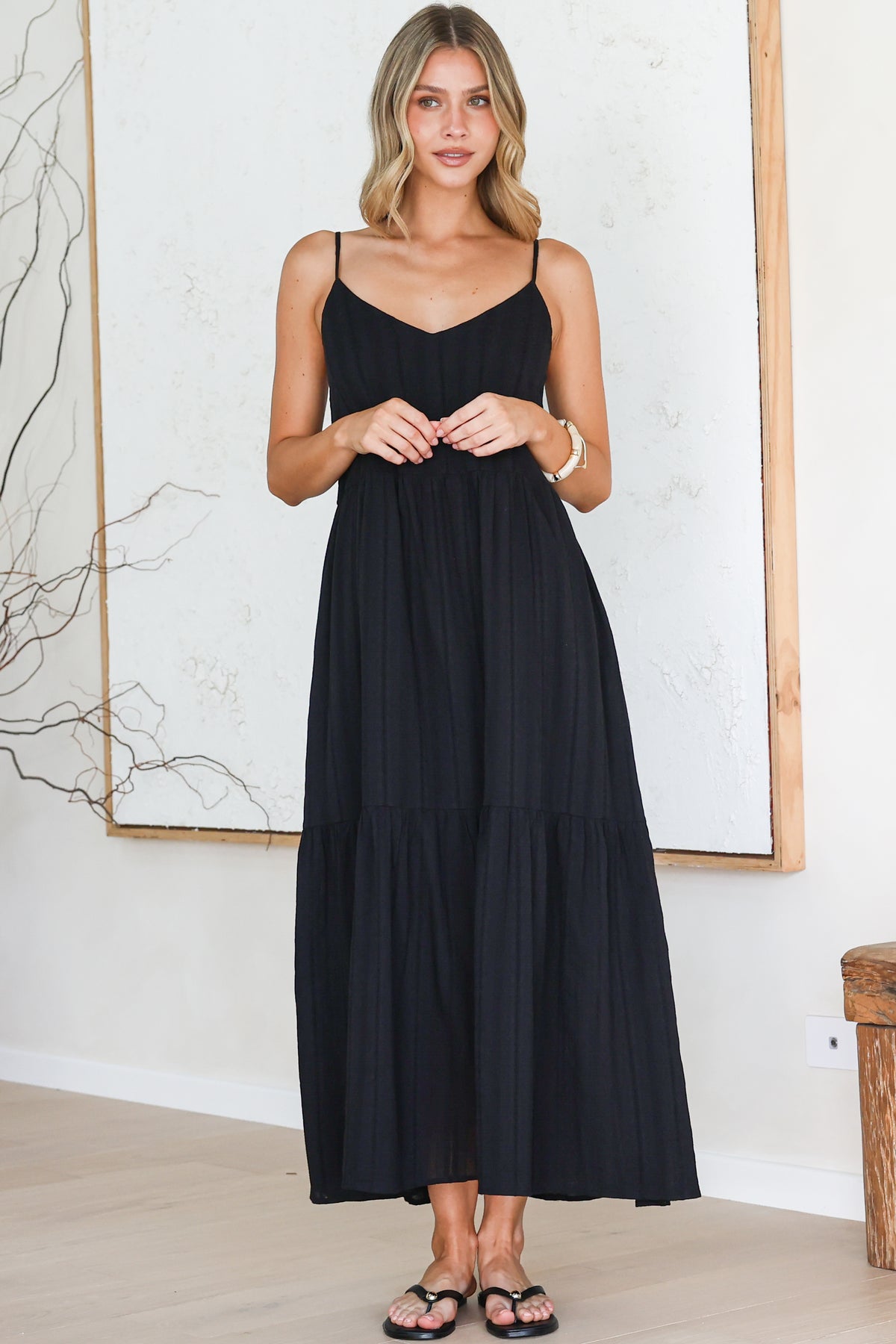 Alora Midi Dress - Textured V Neck Tiered Dress with Adjustable Straps in in Black
