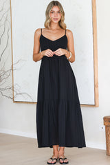 Alora Midi Dress - Textured V Neck Tiered Dress with Adjustable Straps in in Black