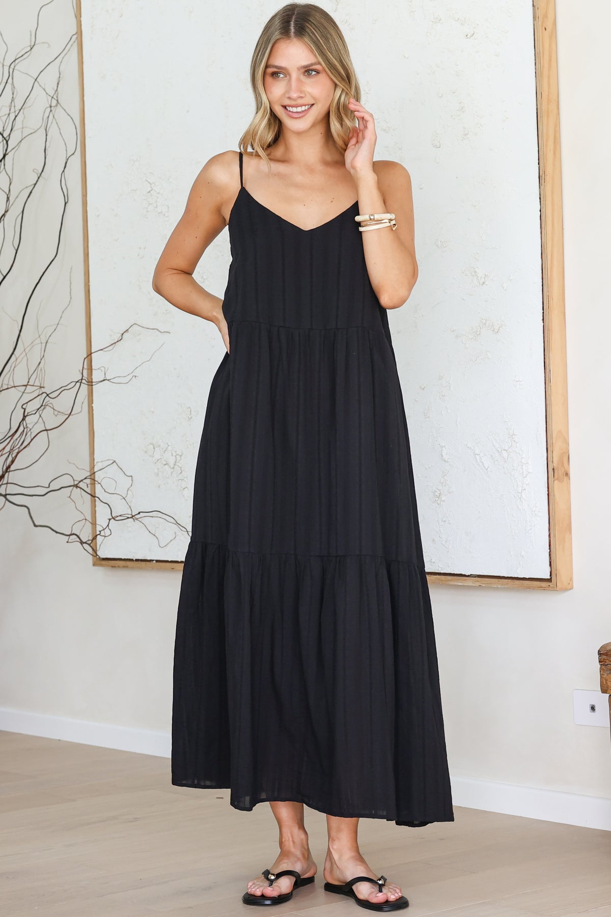 Alora Midi Dress - Textured V Neck Tiered Dress with Adjustable Straps in in Black