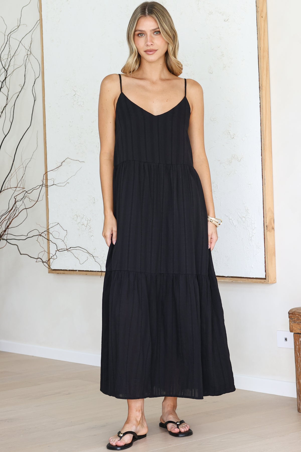 Alora Midi Dress - Textured V Neck Tiered Dress with Adjustable Straps in in Black