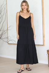 Alora Midi Dress - Textured V Neck Tiered Dress with Adjustable Straps in in Black