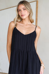 Alora Midi Dress - Textured V Neck Tiered Dress with Adjustable Straps in in Black
