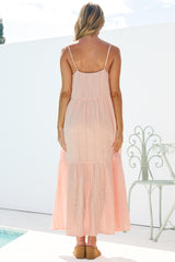 Alora Midi Dress - Textured V Neck Tiered Dress with Adjustable Straps in in Pink