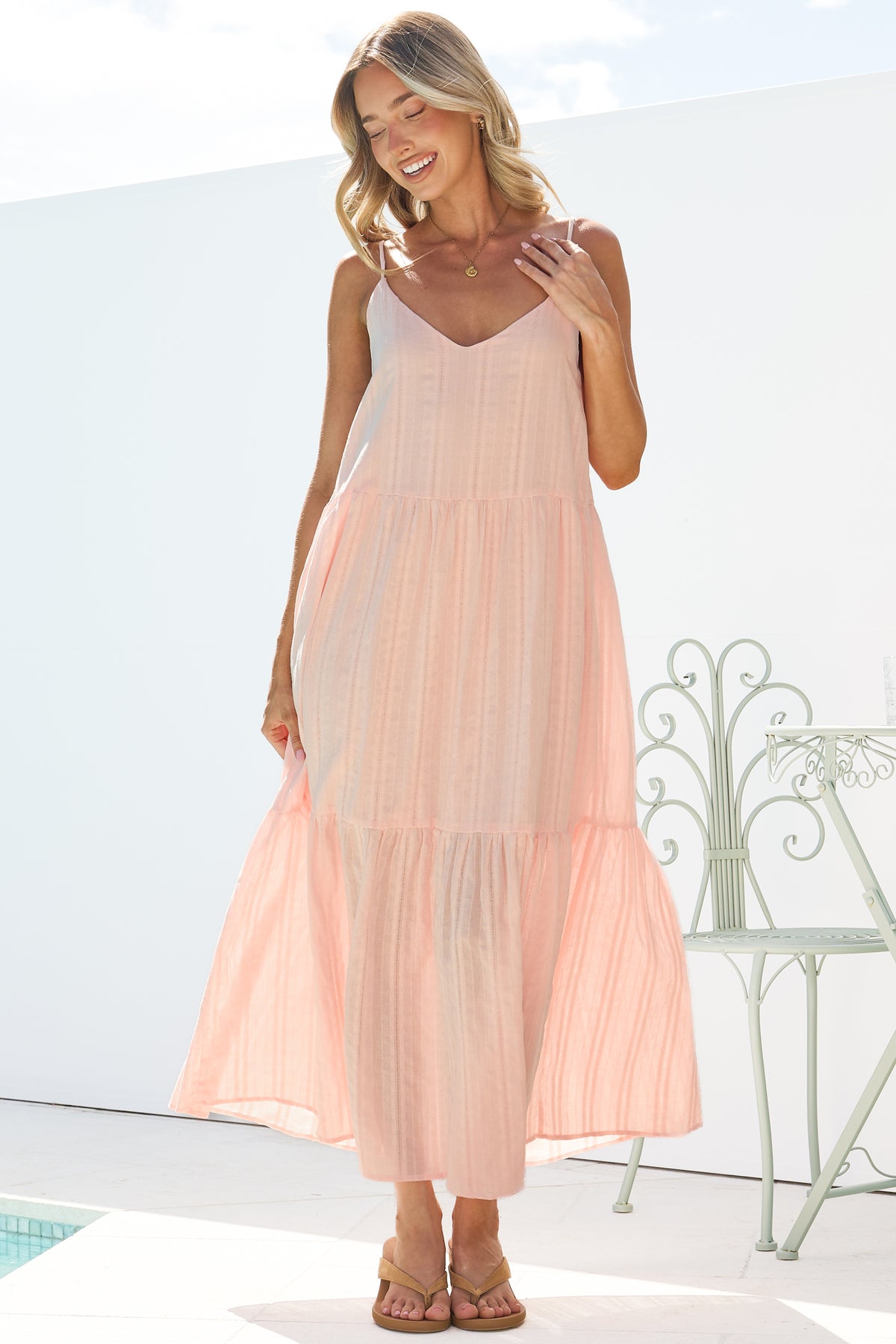 Alora Midi Dress - Textured V Neck Tiered Dress with Adjustable Straps in in Pink