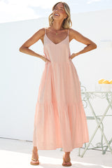 Alora Midi Dress - Textured V Neck Tiered Dress with Adjustable Straps in in Pink