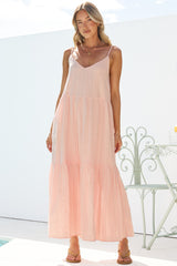 Alora Midi Dress - Textured V Neck Tiered Dress with Adjustable Straps in in Pink