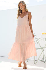 Alora Midi Dress - Textured V Neck Tiered Dress with Adjustable Straps in in Pink