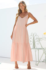 Alora Midi Dress - Textured V Neck Tiered Dress with Adjustable Straps in in Pink