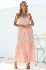 Alora Midi Dress - Textured V Neck Tiered Dress with Adjustable Straps in in Pink