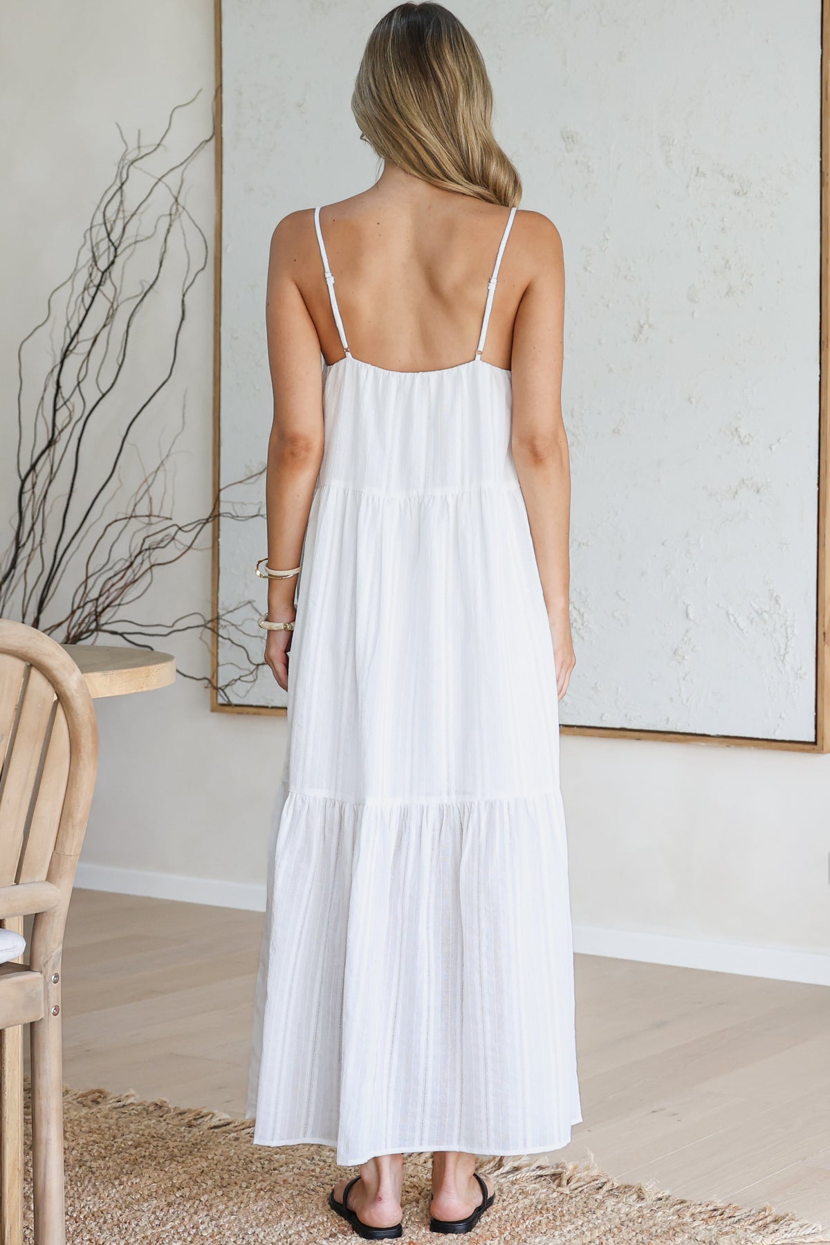 Alora Midi Dress - Textured V Neck Tiered Dress with Adjustable Straps in in White
