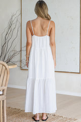 Alora Midi Dress - Textured V Neck Tiered Dress with Adjustable Straps in in White