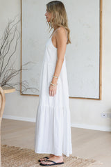 Alora Midi Dress - Textured V Neck Tiered Dress with Adjustable Straps in in White