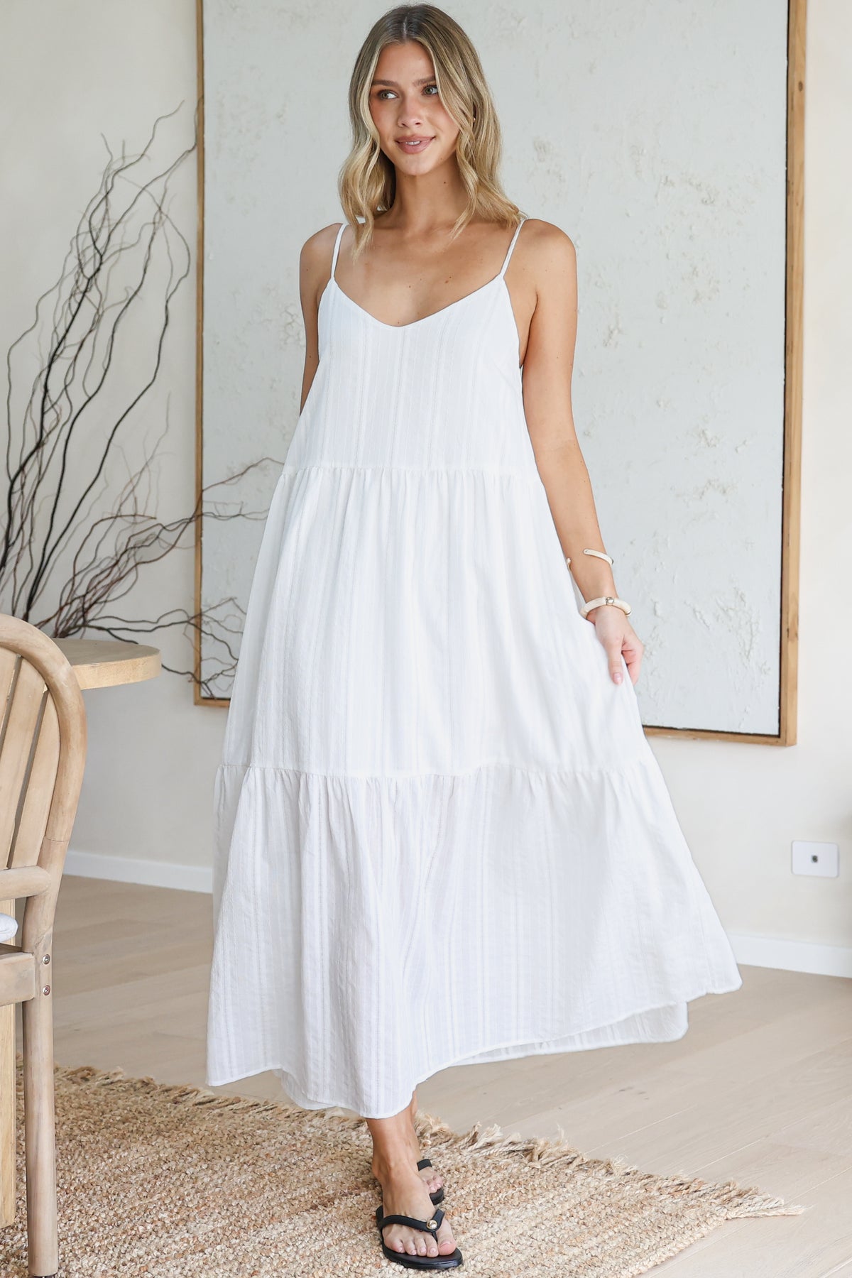 Alora Midi Dress - Textured V Neck Tiered Dress with Adjustable Straps in in White
