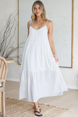Alora Midi Dress - Textured V Neck Tiered Dress with Adjustable Straps in in White